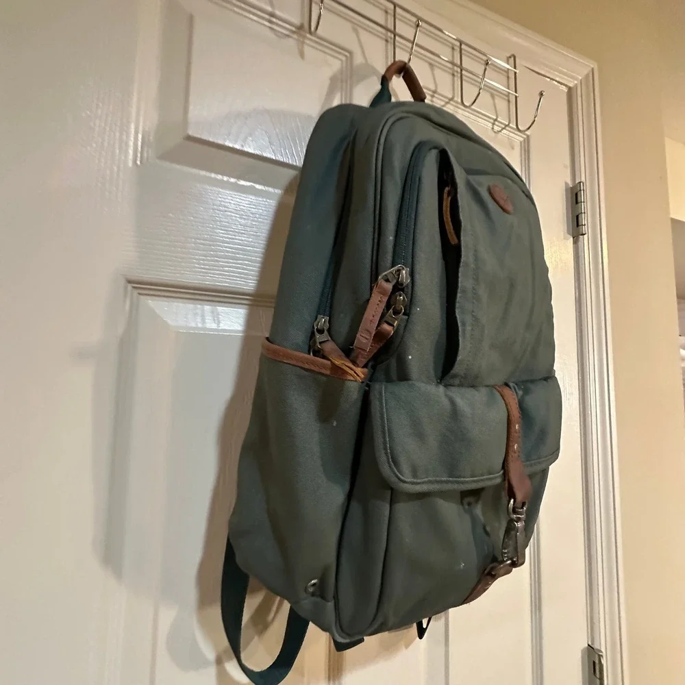 Timberland Canvas‎ Backpack Forest Green Leather Trim Outdoor Laptop Bag Travel